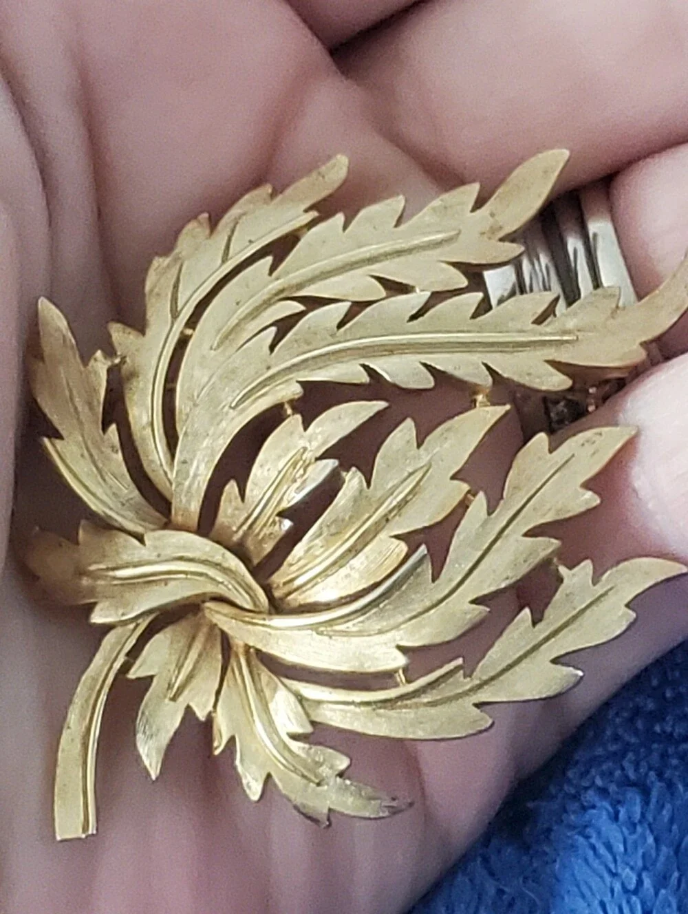 Vintage Crown Trifari Texured Gold Leaf Brooch 1960s Signed